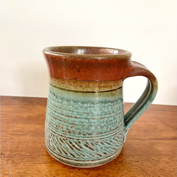 Pottery Mug 16oz Turquoise and Brown/ Signed By Artist 4 1/2” Tall - Picture 7 of 10